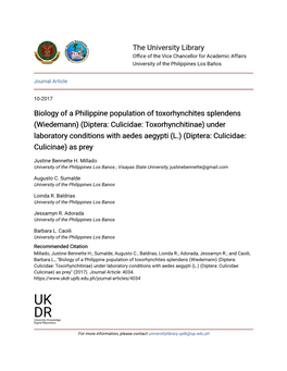 Biology of a Philippine Population of Toxorhynchites Splendens