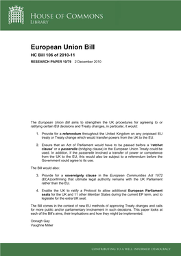 European Union Bill HC Bill 106 of 2010-11 RESEARCH PAPER 10/79 2 December 2010