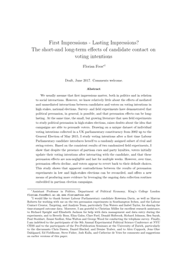 First Impressions - Lasting Impressions? the Short-And Long-Term Eﬀects of Candidate Contact on Voting Intentions