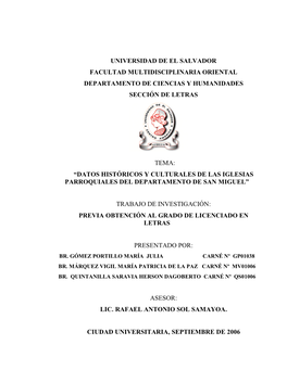 Universidad De El Salvador Facultad Multidisciplinaria Oriental Departamento De Ciencias Y Humanidades Sección De Letras