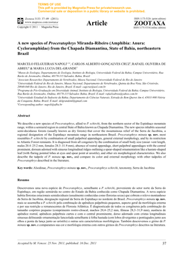 A New Species of Proceratophrys Miranda-Ribeiro (Amphibia: Anura: Cycloramphidae) from the Chapada Diamantina, State of Bahia, Northeastern Brazil