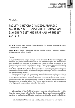 From the History of Mixed Marriages. Marriages with Gypsies in the Romanian Th Th Space in the 18 and First Half of the 19 Pami Kulturowe, Dziedzictwo Century