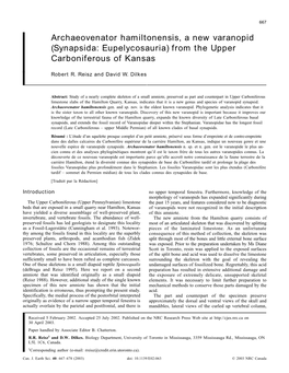 Archaeovenator Hamiltonensis, a New Varanopid (Synapsida: Eupelycosauria) from the Upper Carboniferous of Kansas