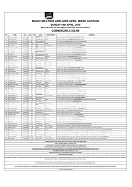 MAGIC MILLIONS ADELAIDE APRIL MIXED AUCTION SUNDAY 19Th APRIL, 2015 MAGIC MILLIONS SALES COMPLEX, ADELAIDE, SOUTH AUSTRALIA COMMENCING 11:00 AM