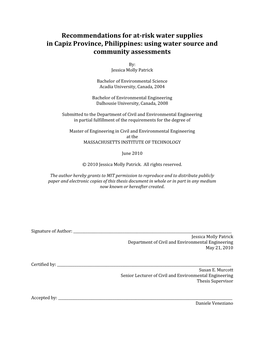 Recommendations for At-Risk Water Supplies in Capiz Province, Philippines: Using Water Source and Community Assessments