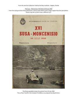 From the Joel Finn Collection Held by the Revs Institute – Naples, Florida the Susa – Moncenisio Hill Climb of 30 July 1950