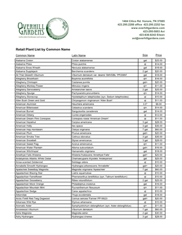 Retail Plant List by Common Name