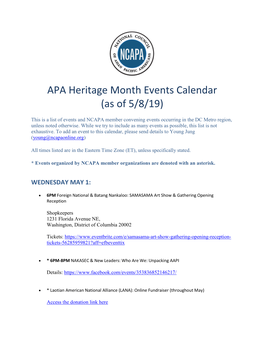 APA Heritage Month Events Calendar (As of 5/8/19)
