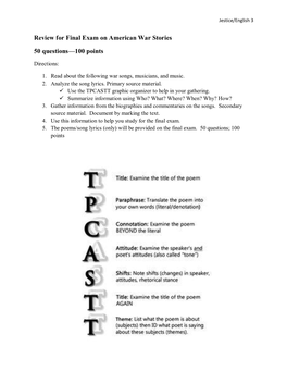 Review for Final Exam on American War Stories 50 Questions—100 Points