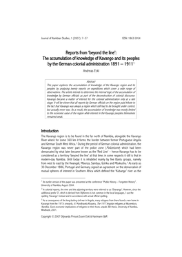 The Accumulation of Knowledge of Kavango and Its Peoples by the German Colonial Administration 1891 – 19111 Andreas Eckl