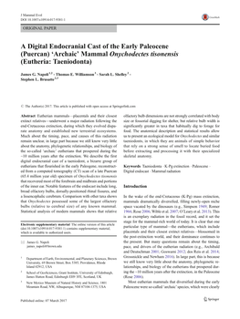 A Digital Endocranial Cast of the Early Paleocene (Puercan) 'Archaic' Mammal Onychodectes Tisonensis (Eutheria: Taeniodonta)