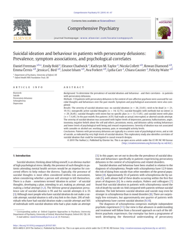 Suicidal Ideation and Behaviour in Patients with Persecutory Delusions: Prevalence, Symptom Associations, and Psychological Correlates