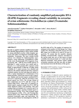 RAPD) Fragments Revealing Clonal Variability in Cercariae of Avian Schistosome Trichobilharzia Szidati (Trematoda: Schistosomatidae)