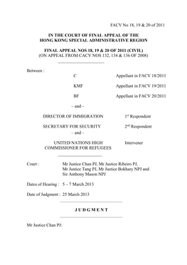 FACV No 18, 19 & 20 of 2011 in the COURT of FINAL APPEAL of THE