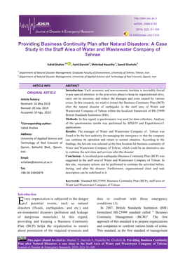 Providing Business Continuity Plan After Natural Disasters: a Case Study in the Staff Area of Water and Wastewater Company of Tehran