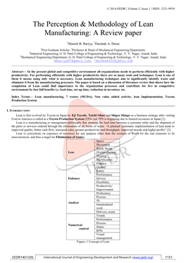 The Perception & Methodology of Lean Manufacturing: a Review Paper