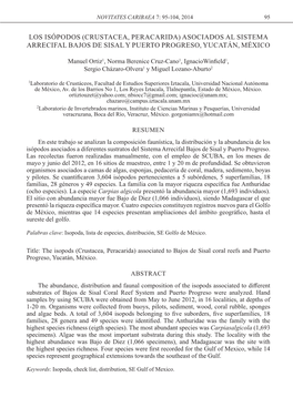 Los Isópodos (Crustacea, Peracarida) Asociados Al Sistema Arrecifal Bajos De Sisal Y Puerto Progreso, Yucatán, México