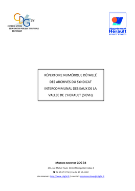 Répertoire Numérique Détaillé Des Archives Du Syndicat Intercommunal Des Eaux De La Vallee De L’Herault (Sievh)