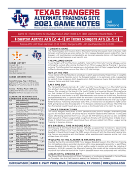 TEXAS RANGERS ALTERNATE TRAINING SITE 2021 GAME NOTES Media Contact: Andrew Felts | Afelts@Rrexpress.Com | 512.238.2213