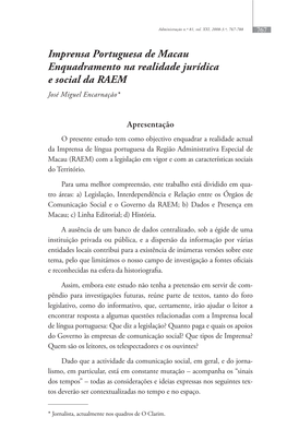 Imprensa Portuguesa De Macau Enquadramento Na Realidade Jurídica E Social Da RAEM José Miguel Encarnação*