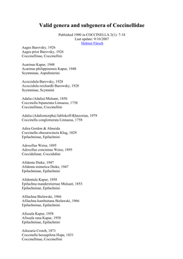 Valid Genera and Subgenera of Coccinellidae