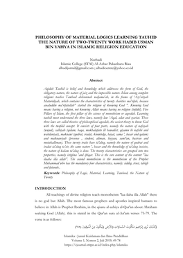 Philosophy of Material Logics Learning Tauhid the Nature of Two-Twenty Work Habib Usman Bin Yahya in Islamic Religion Education