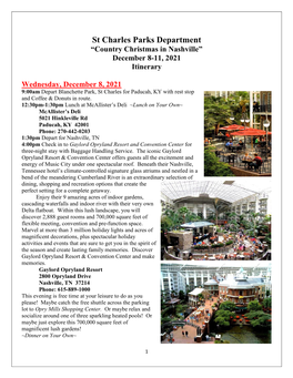 St Charles Parks Department “Country Christmas in Nashville” December 8-11, 2021 Itinerary