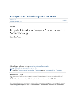 Unipolar Disorder: a European Perspective on U.S. Security Strategy Diane Marie Amann