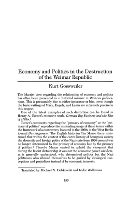 Economy and Politics in the Destruction of the Weimar Republic Kurt Gossweiler