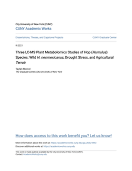 Three LC-MS Plant Metabolomics Studies of Hop (Humulus) Species: Wild H