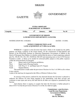 Sikkim Government Gazette, Extraordinary No