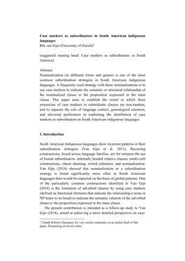 Case Markers As Subordinators in South American Indigenous Languages Rik Van Gijn (University of Zurich)1