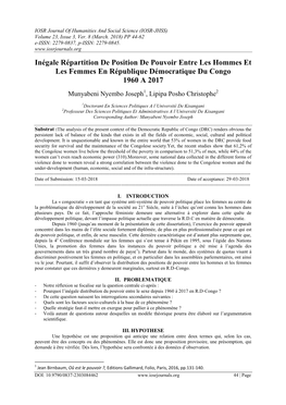 Inégale Répartition De Position De Pouvoir Entre Les Hommes Et Les Femmes En République Démocratique Du Congo 1960 a 2017