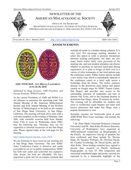 Spring 2010 NEWSLETTER of the AMERICAN MALACOLOGICAL SOCIETY