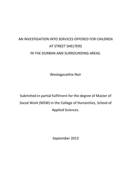 An Investigation Into Services Offered for Children at Street Shelters in the Durban and Surrounding Areas