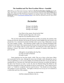 The Sandōkai and the Most Excellent Mirror―Samādhi [What Follows Is an Edited Version of Lectures (Continued in the Most Excellent Mirror―Samādhi) Given by Rev