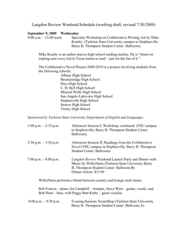 Langdon Review Weekend Schedule (Working Draft, Revised 7/30/2009)