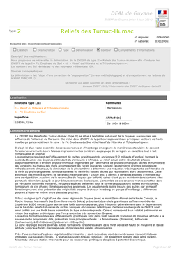 Reliefs Des Tumuc-Humac N° Régional: 00460000 N° National: 030120061 Résumé Des Modifications Proposées