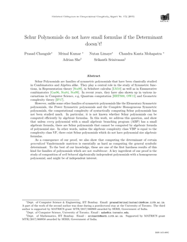 Schur Polynomials Do Not Have Small Formulas If the Determinant Doesn't!