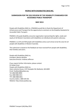 People with Disabilities (Wa) Inc. Submission for the 2012 Review of the Disability Standards for Accessible Public Transport Ma