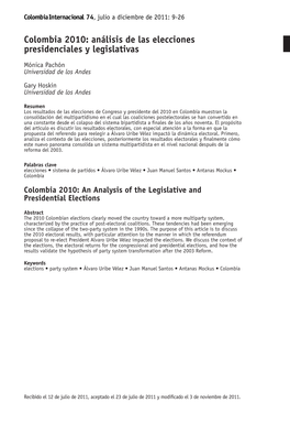 Colombia 2010: Análisis De Las Elecciones Presidenciales Y Legislativas