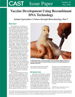 Vaccine Development Using Recombinant DNA Technology Animal Agriculture’S Future Through Biotechnology, Part 7