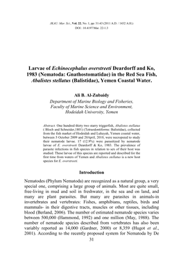 Larvae of Echinocephalus Overstreeti Deardorff and Ko, 1983 (Nematoda: Gnathostomatidae) in the Red Sea Fish, Abalistes Stellatus (Balistidae), Yemen Coastal Water