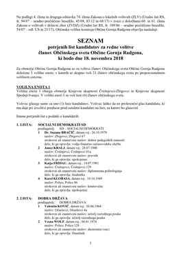 SEZNAM Potrjenih List Kandidatov Za Redne Volitve Članov Občinskega Sveta Občine Gornja Radgona, Ki Bodo Dne 18