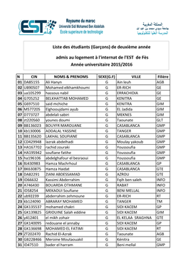 (Garçons) De Deuxième Année Admis Au Logement À L'internat De L'est De