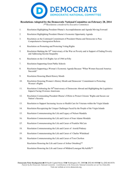 Resolutions Adopted by the Democratic National Committee on February 28, 2014 (**Resolutions Considered by Executive Committee)