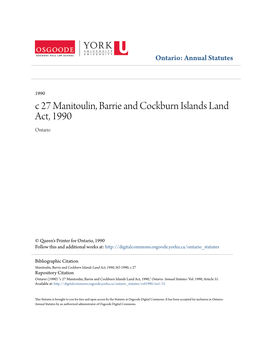 C 27 Manitoulin, Barrie and Cockburn Islands Land Act, 1990 Ontario