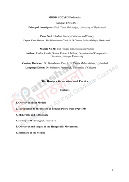 The Hungry Generation and Poetics Author: Rindon Kundu, Senior Research Fellow, Department of Comparative Literature, Jadavpur University
