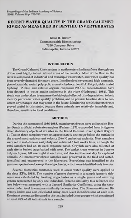 Recent Water Quality in the Grand Calumet River As Measured by Benthic Invertebrates