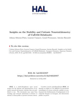 Insights on the Stability and Cationic Nonstoichiometry of Cufeo2 Delafossite Juliano Schorne-Pinto, Laurent Cassayre, Lionel Presmanes, Antoine Barnabé